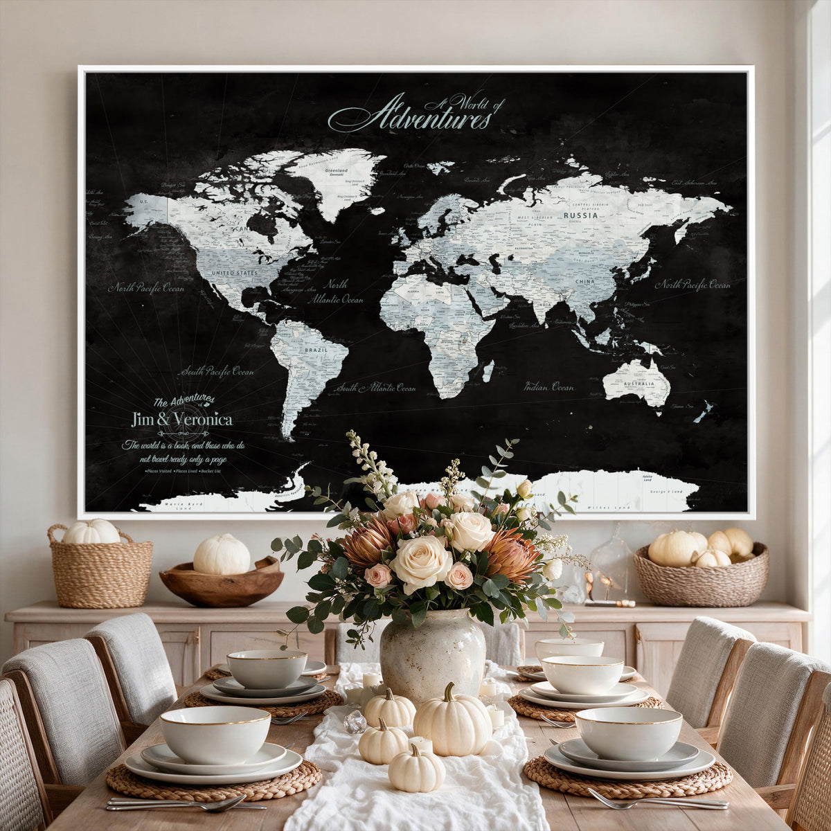 67491071-MGV-CV-36X24 - Custom Beige World Travel Map Wall Art with Pins, Places Visited Tracker, Bedroom and Home Office Decor