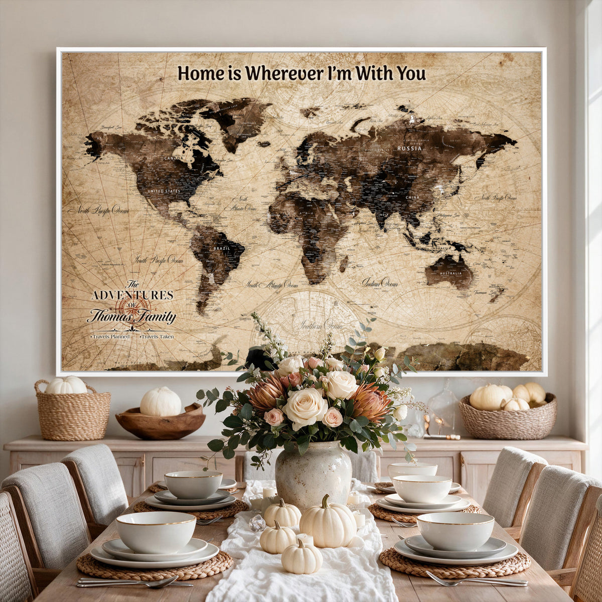 74771891-MGV-CV-36X24 - Personalized Framed Beige Modern World Travel Map Wall Art with Pins, Family Adventure Map, Living Room and Hallway Decor