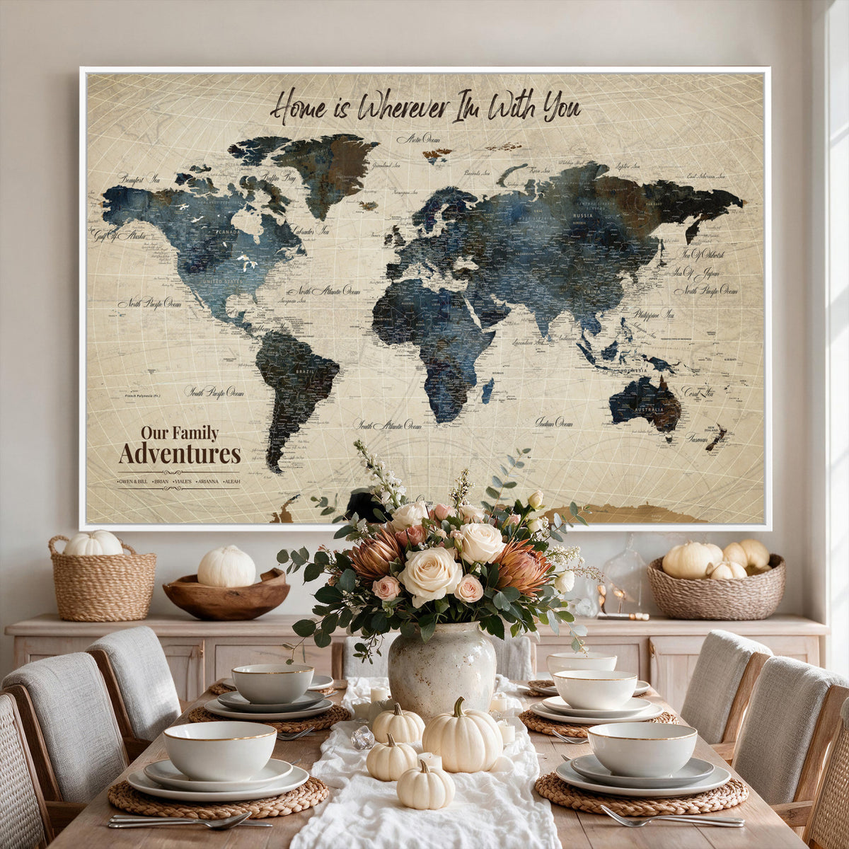 51383535-MGV-CV-36X24 - Personalized Framed Black Modern Push Pin Travel Map Canvas Print, Family Travel Tracker, Home Office and Entryway Decor