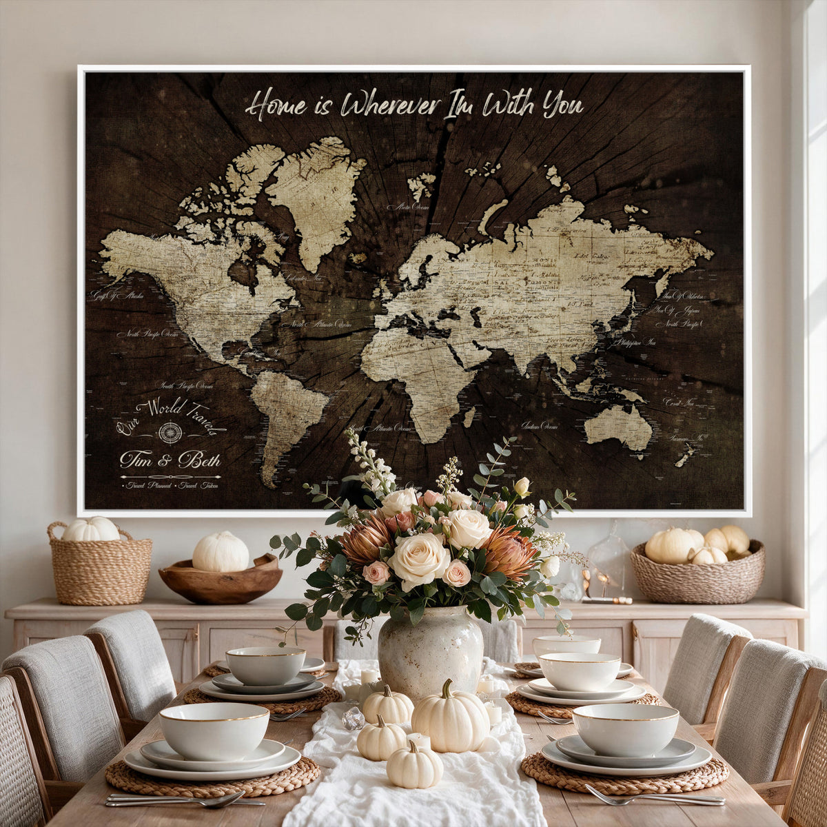 46573259-MGV-CV-36X24 - Personalized Watercolor Push Pin World Map Canvas Wall Art, Custom Framed Travel Map - NEWMAP-094