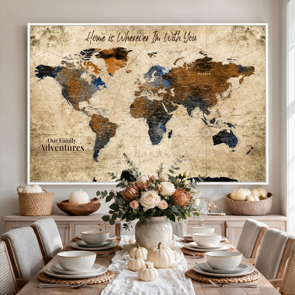 17548029-MGV-CV-36X24 - Personalized Framed Beige Modern Push Pin World Map Canvas Print, Bucket List Map, Home Office and Study Decor