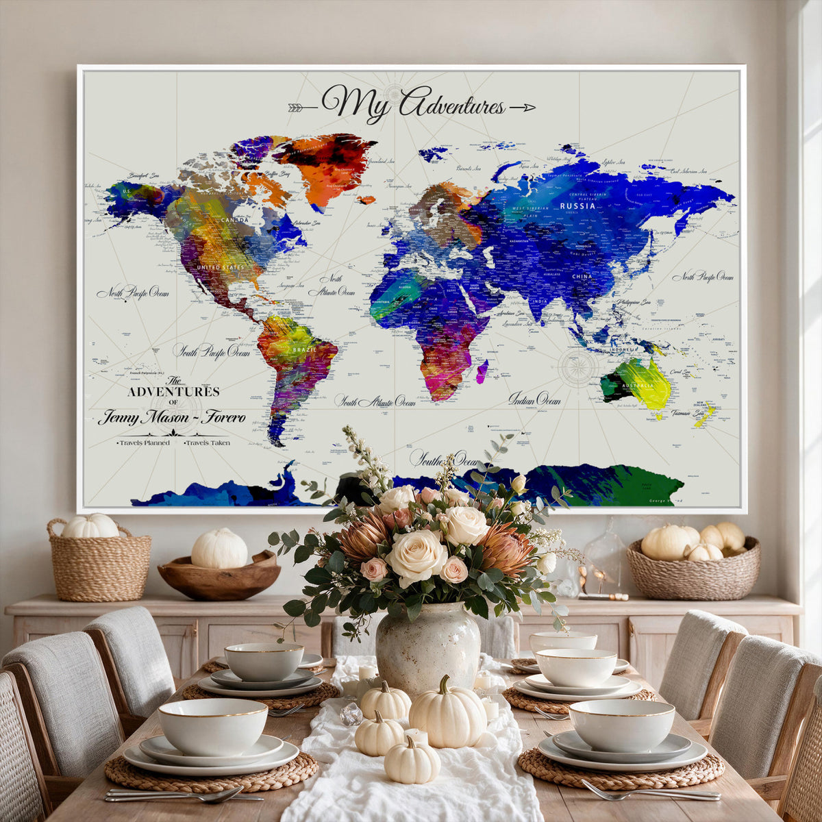 45423989-MGV-CV-36X24 - Detailed Custom Framed Beige Modern World Map Canvas with Push Pins, Honeymoon and Anniversary Gift, Dining Room and Home Office Decor