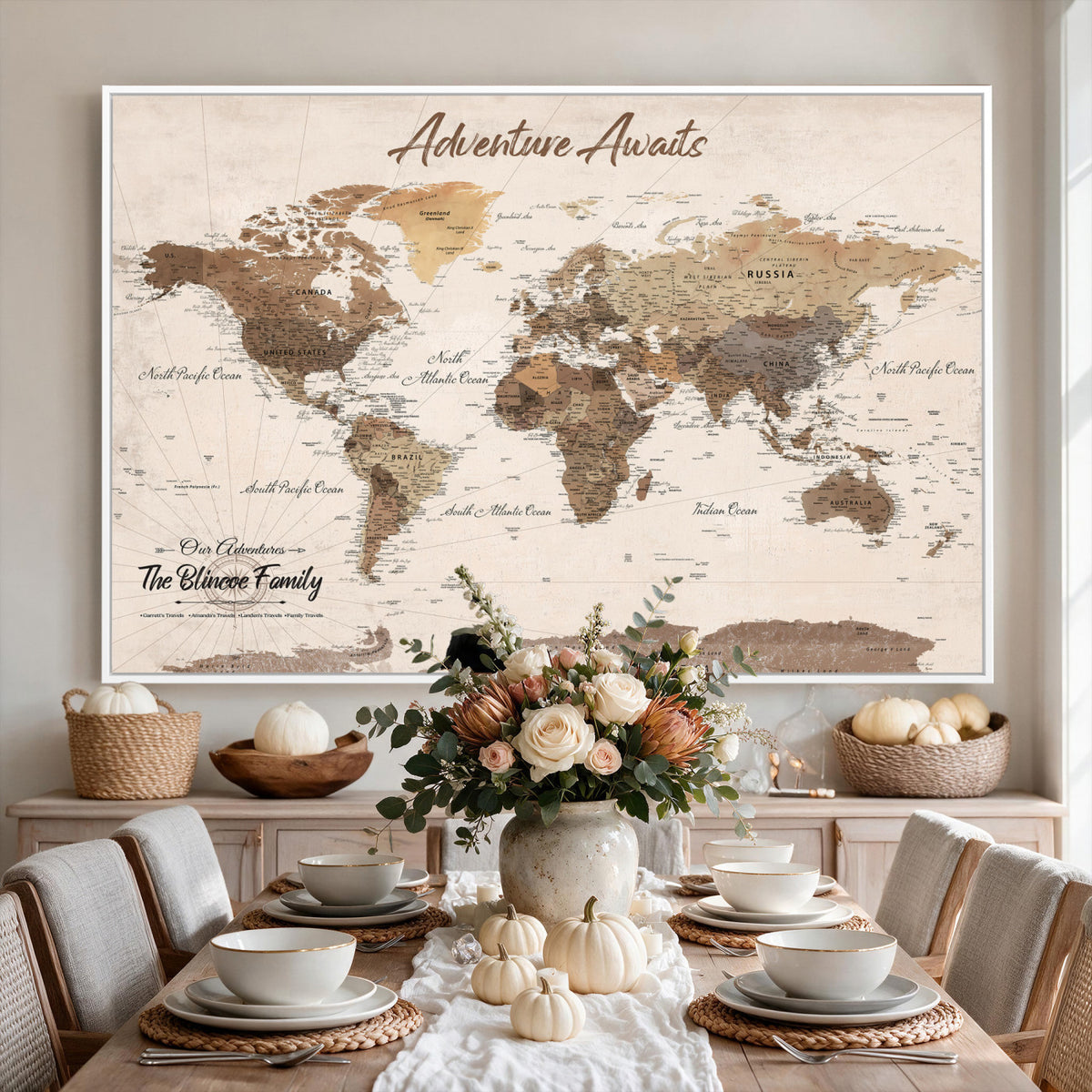 64110351-MGV-CV-36X24 - Custom Framed White Modern World Map Canvas with Push Pins, Places Visited Tracker, Dining Room and Entryway Decor