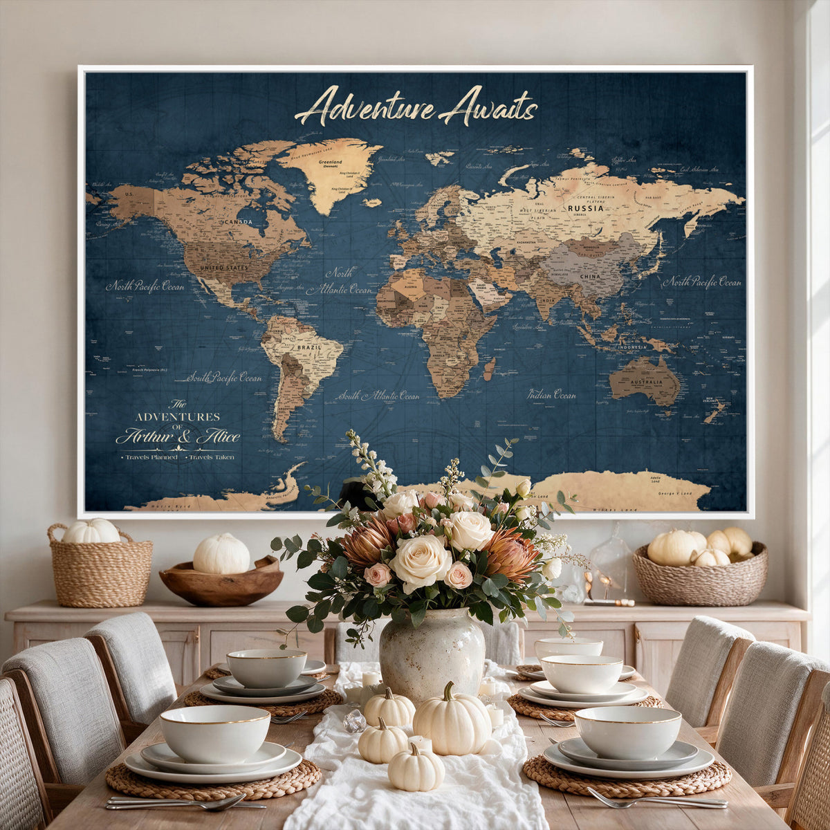 64110391-MGV-CV-36X24 - Personalized White Vintage World Travel Map Wall Art with Pins, Next Trip Planner Map, Family Room and Dining Room Decor