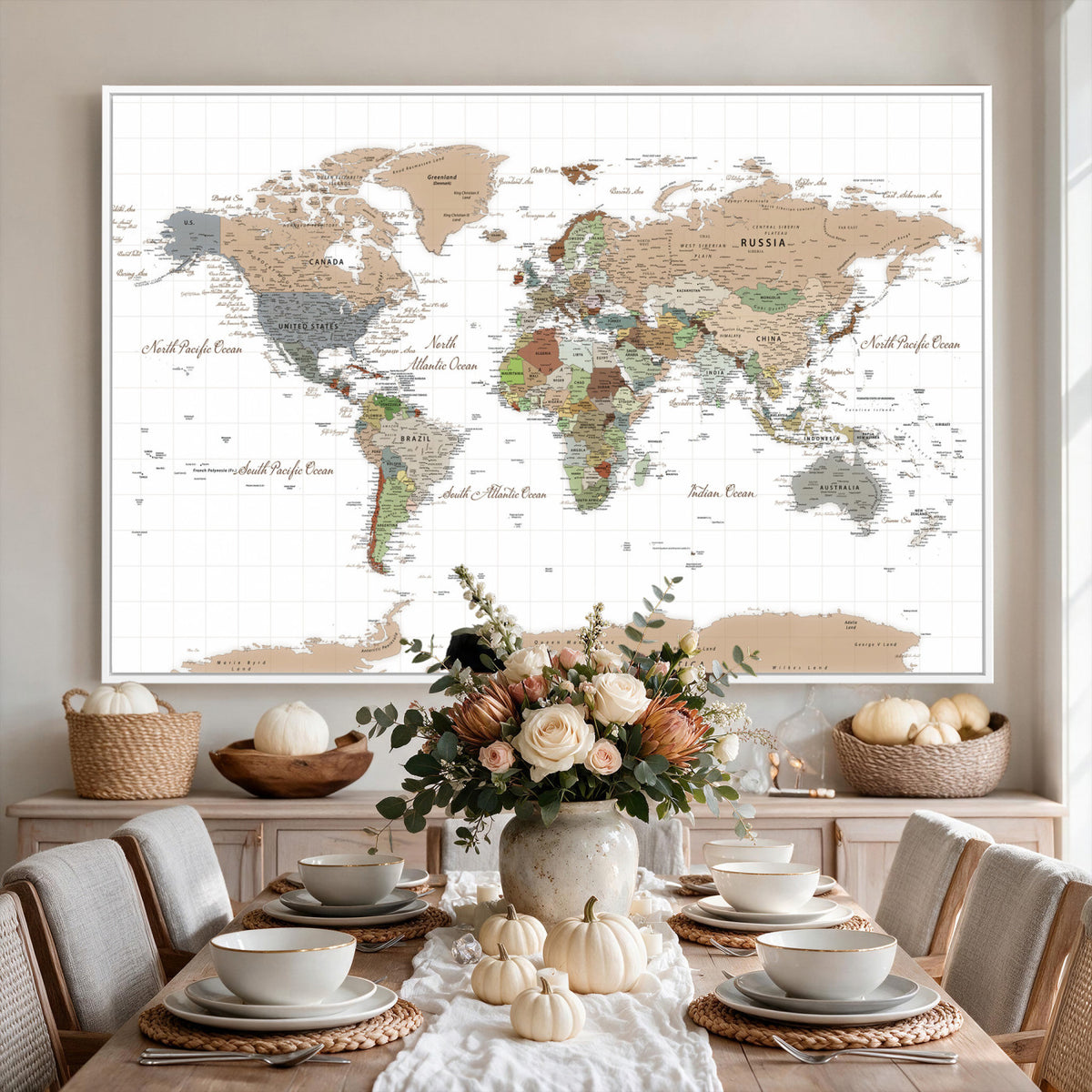 91286788-MGV-CV-36X24 - World Map Wall Art Canvas Print, Modern Decorative Framed Map Artwork Prints for Living Room, Office, Bedroom Wall Decor