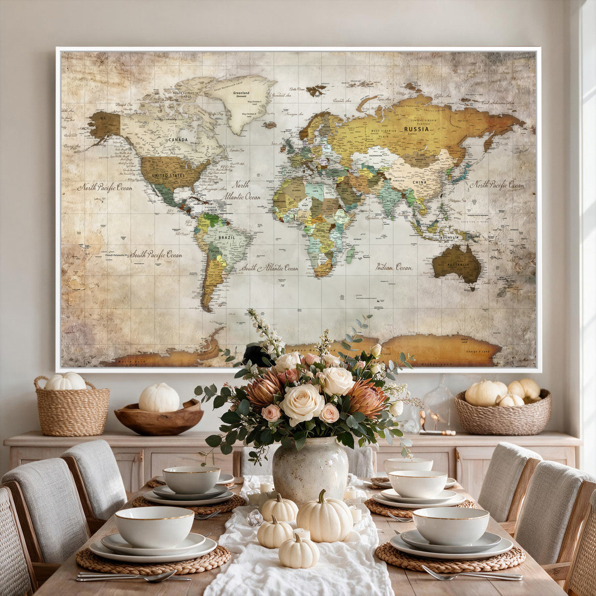 86108417-MGV-CV-36X24 - World Map Wall Art Canvas Print, Modern Decorative Framed Map Artwork Prints for Living Room, Office, Bedroom Wall Decor