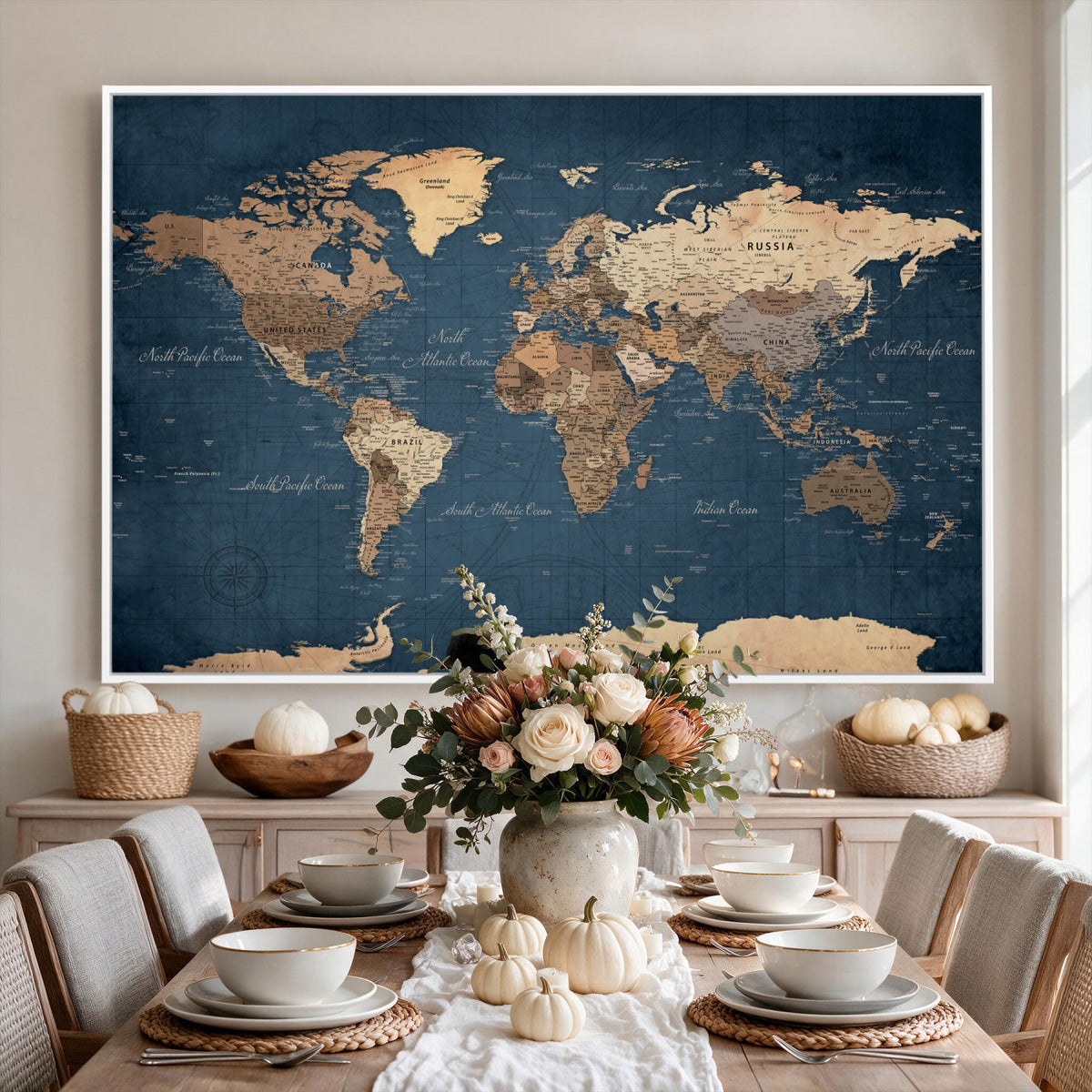 69886352-MGV-CV-36X24 - World Map Wall Art Canvas Print, Modern Decorative Framed Map Artwork Prints for Living Room, Office, Bedroom Wall Decor