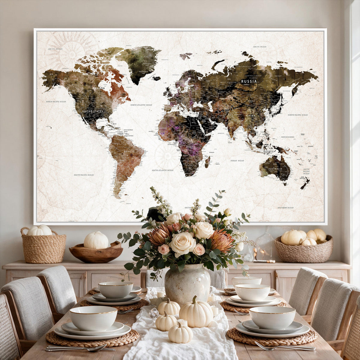 77651968-MGV-CV-36X24 - Watercolor World Map Print - Large Wall Art Canvas Print for