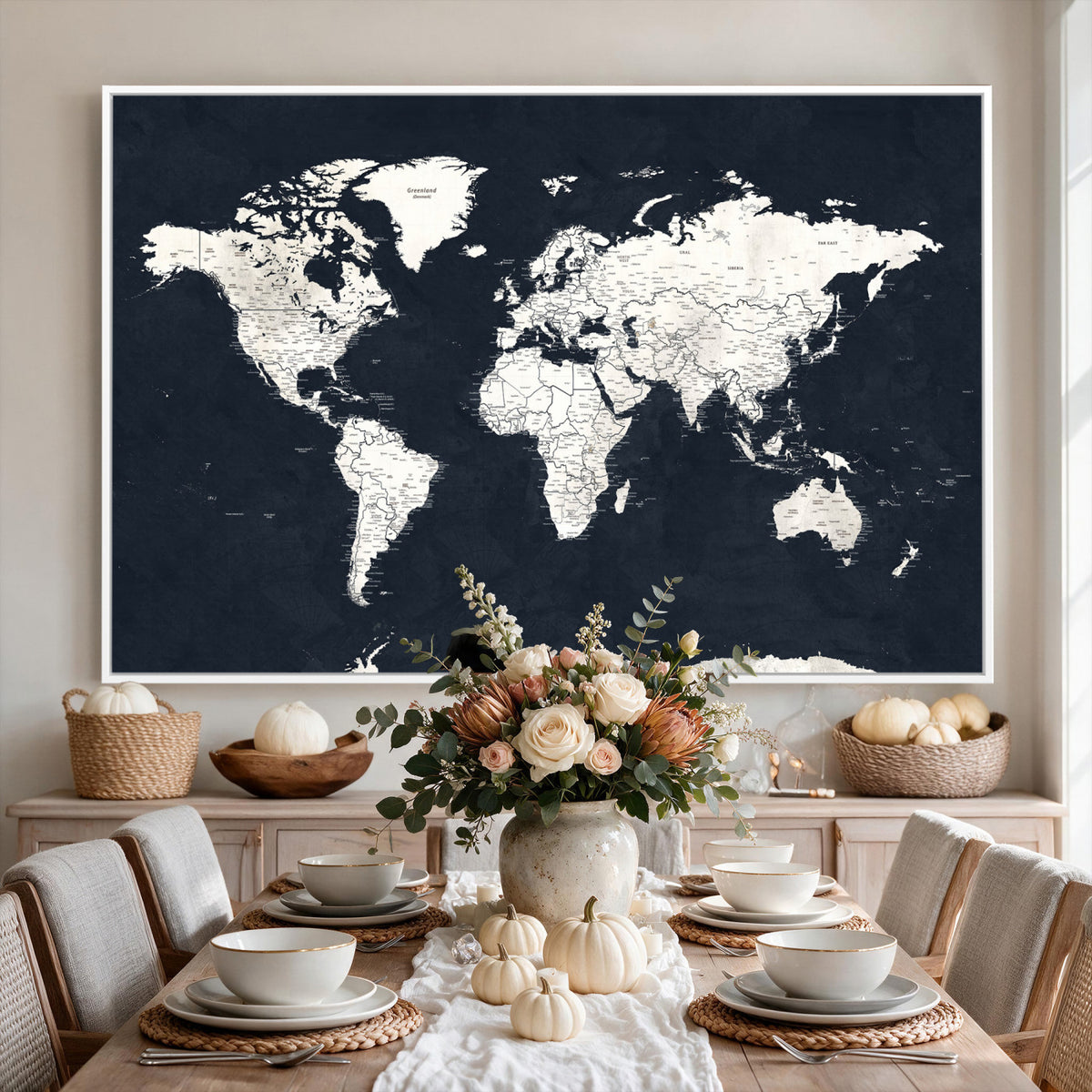 11963807-MGV-CV-36X24 - Black World Map Wall Art Canvas Print for Home Office and Meeting Room Decor
