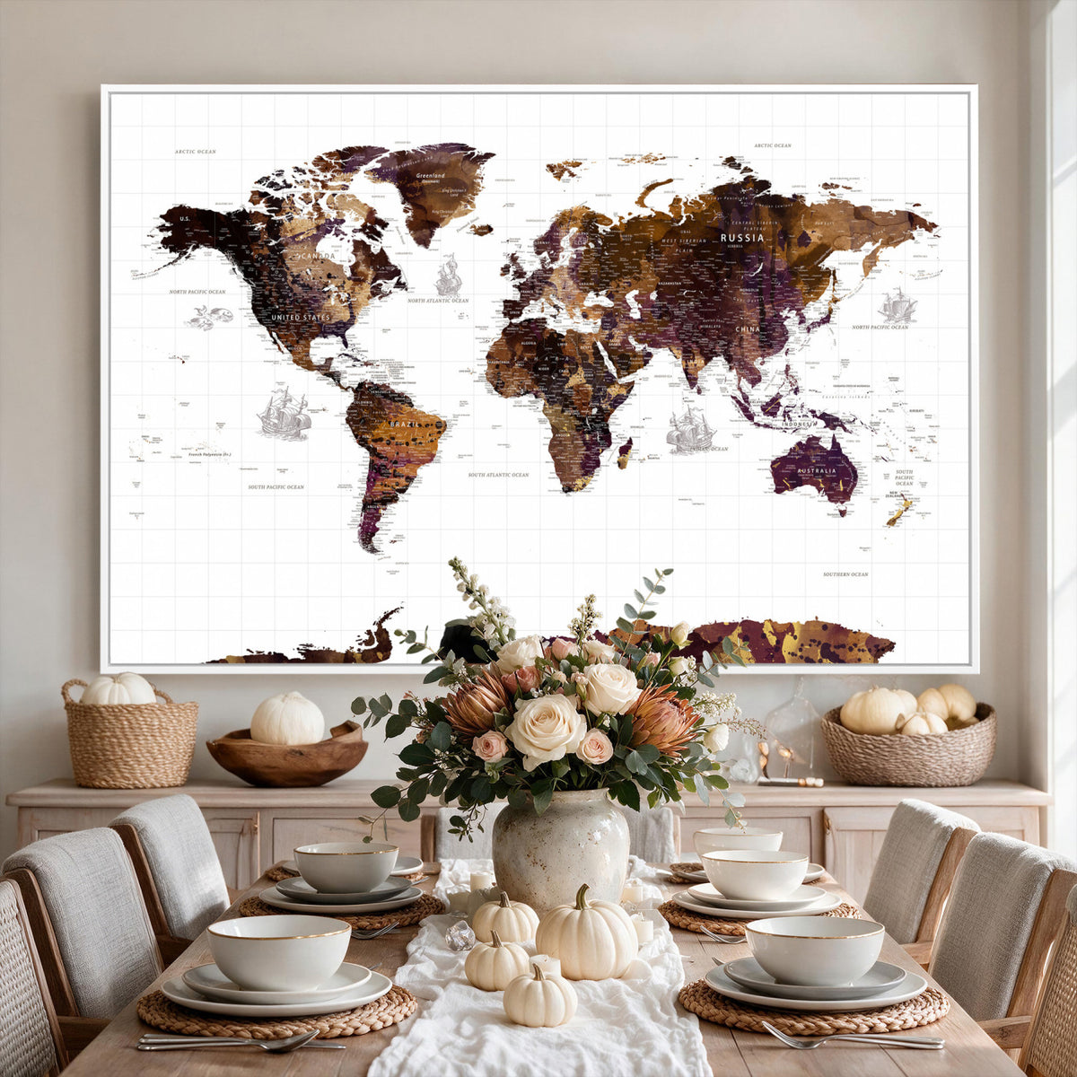 34792695-MGV-CV-36X24 - Rustic World Map Wall Art Canvas Print | Large Vintage Blue World Map on Wood Grain Style Background