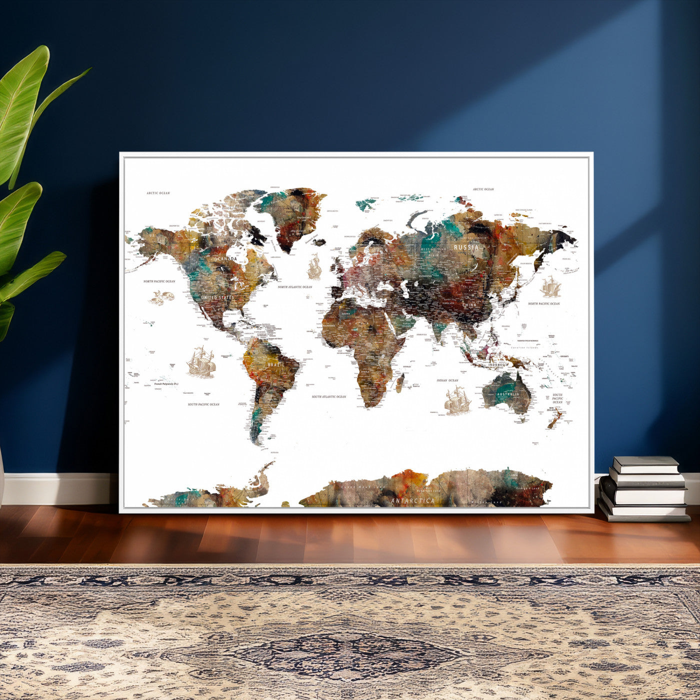 82293175-MGV-CV-36X24 - World Map Wall Art Canvas Print, Modern Decorative Framed Map Artwork Prints for Living Room, Office, Bedroom Wall Decor