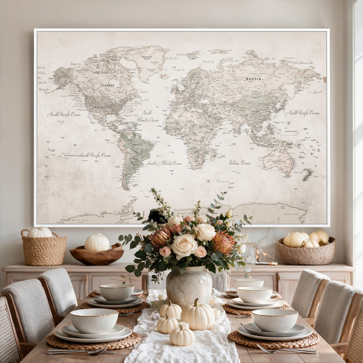 90355419-MGV-CV-36X24 - Antique Style World Map Canvas Print | Vintage Detailed World Map Art for Travel Lovers