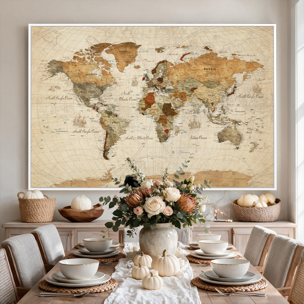 29684537-MGV-CV-36X24 - Vintage World Map Canvas Print, Framed Rustic Detailed Map of the World, Explorer Decor