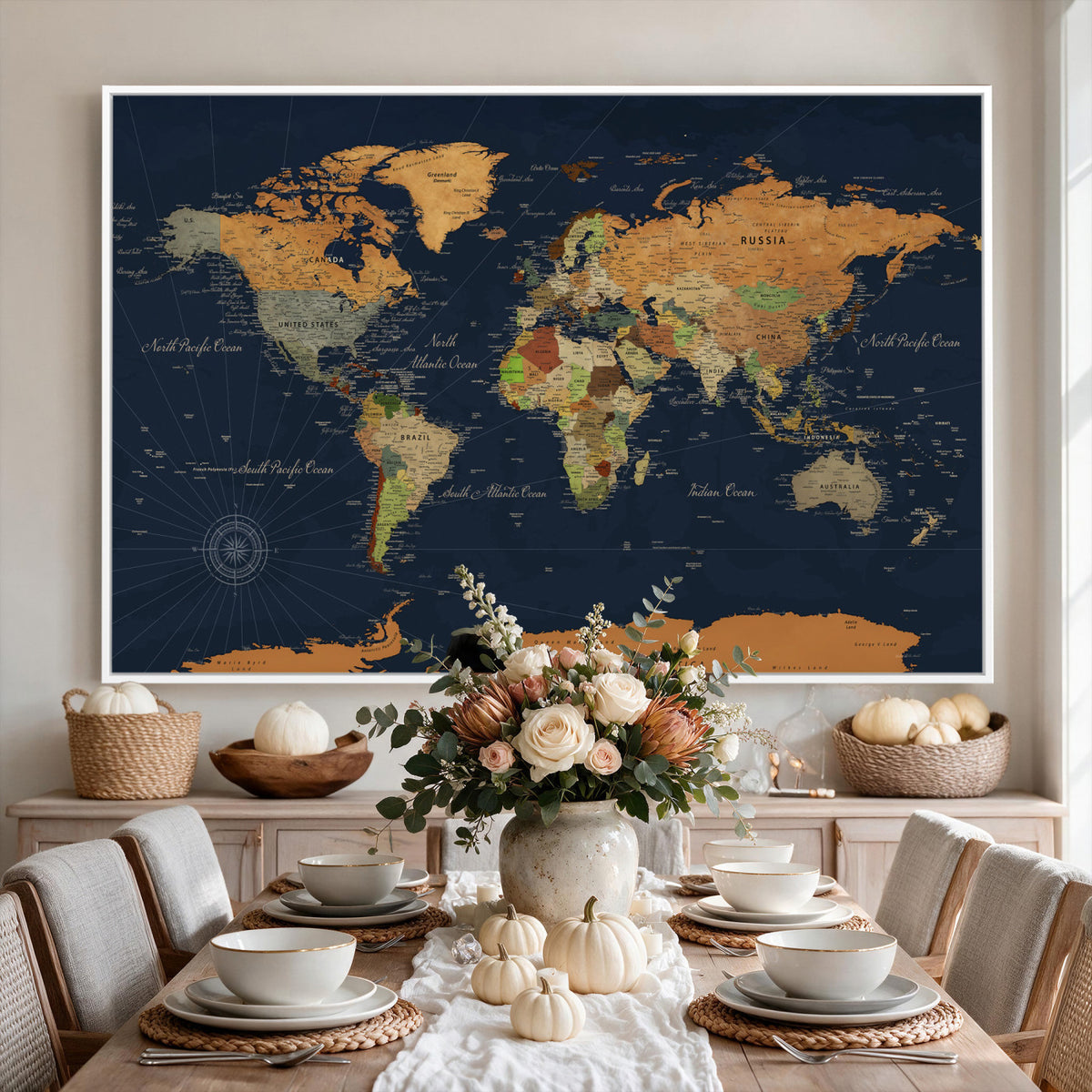11715182-MGV-CV-36X24 - Modern World Map Canvas Print, Framed Detailed Map of the World Wall Art