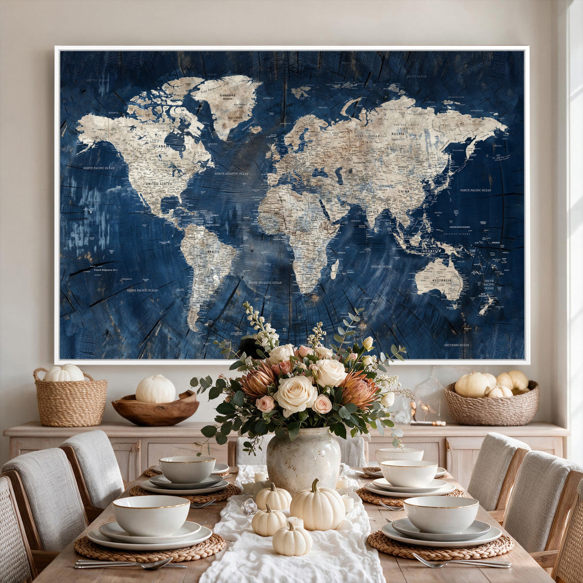 56126010-MGV-CV-36X24 - Large Blue World Map Wall Art Canvas Print for Home Office