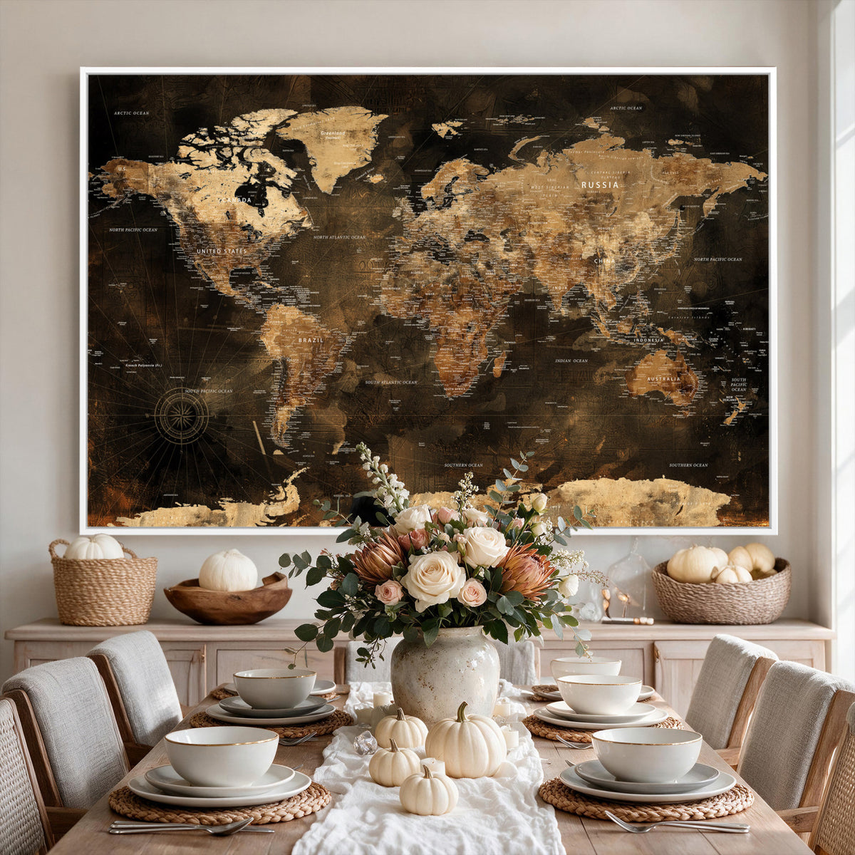 97742922-MGV-CV-36X24 - World Map Canvas Print, Modern Decorative Framed Map Artwork