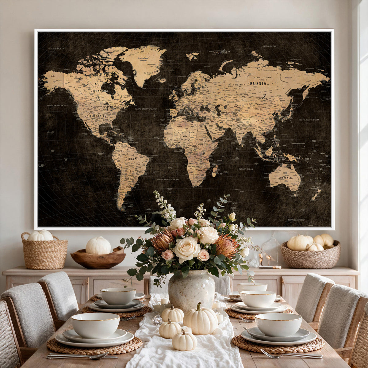 15118265-MGV-CV-36X24 - Brown World Map Canvas Print | Modern Travel Map Wall Art