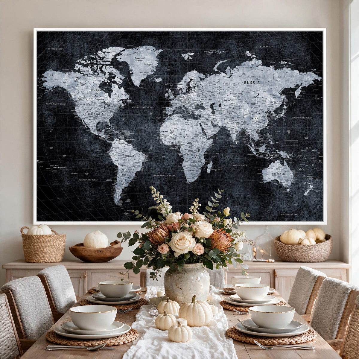 86893704-MGV-CV-36X24 - Black World Map Canvas Print | Detailed Map for Couples and Anniversary Gift