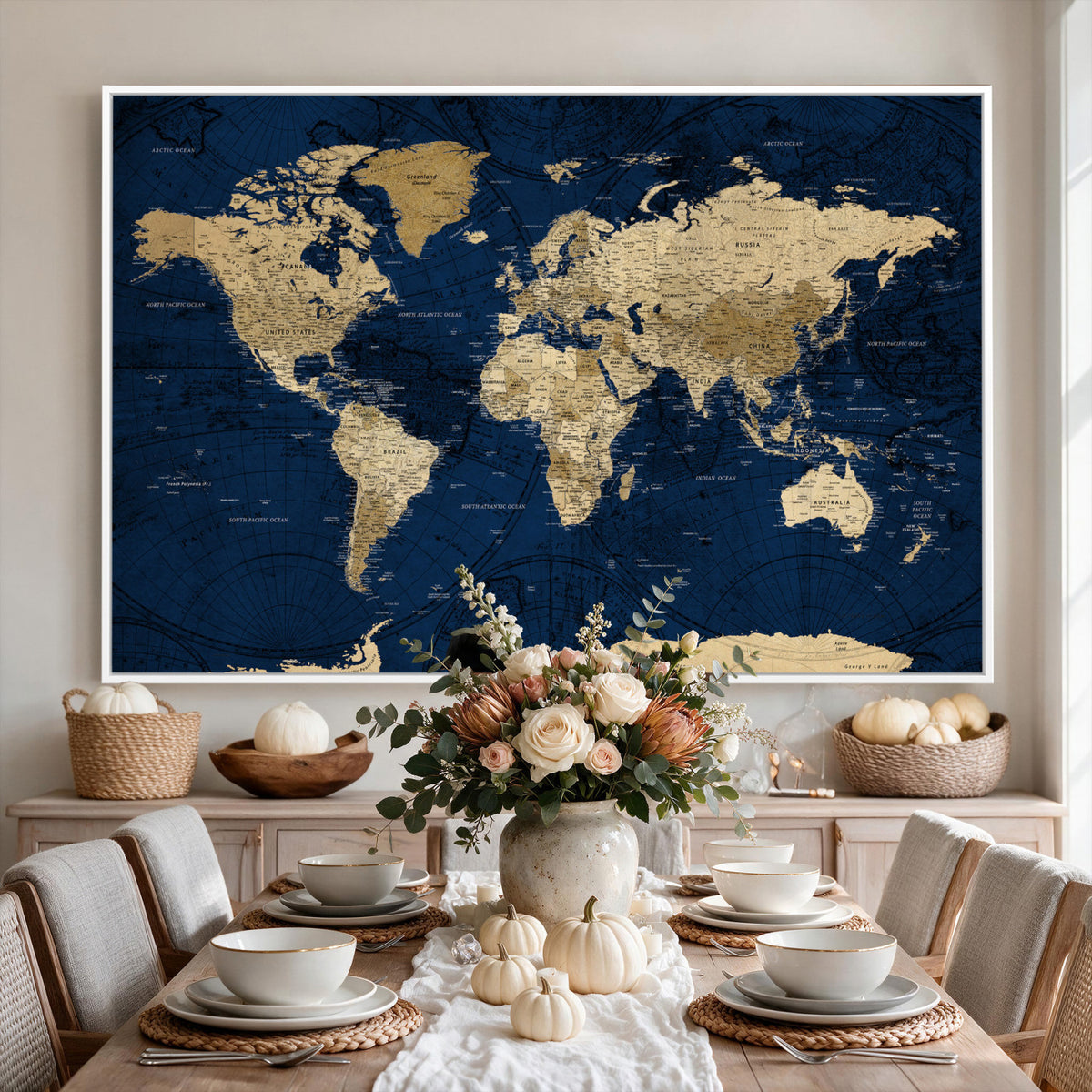 54770746-MGV-CV-36X24 - Navy Blue World Map Canvas Print – Detailed Map Minimal Navy