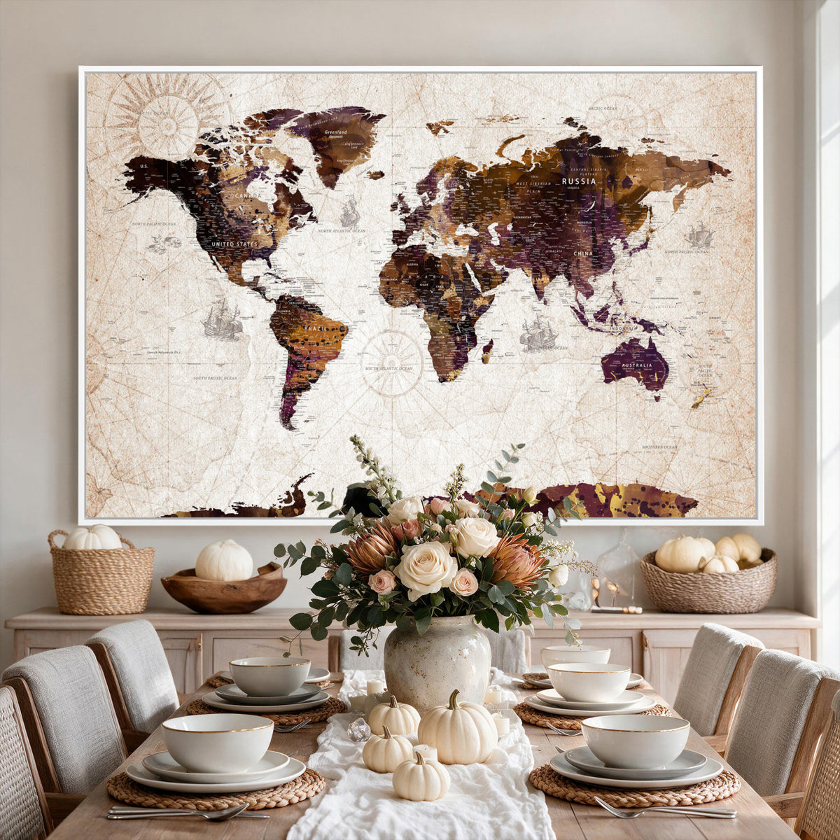 53400857-MGV-CV-36X24 - Blue Watercolor World Map Canvas Print – Framed Modern Wall