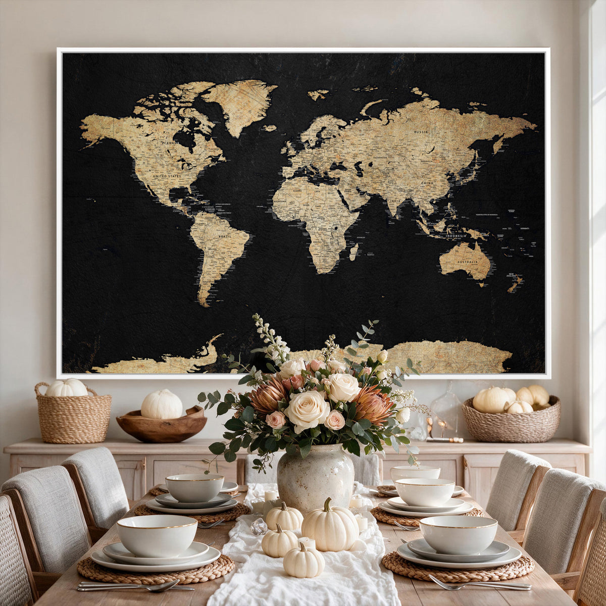 71518849-MGV-CV-36X24 - Beige World Map Canvas Wall Art Print, Minimal Black and