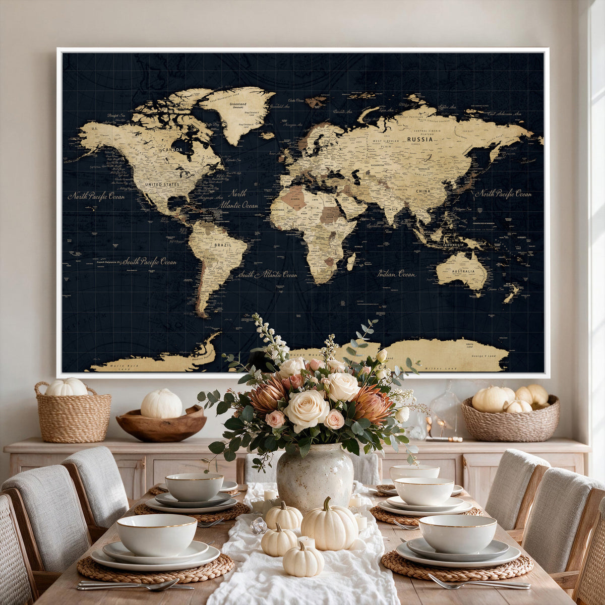 45063434-MGV-CV-36X24 - Dark World Map Canvas Wall Art Print, Minimal Black and Gold Map