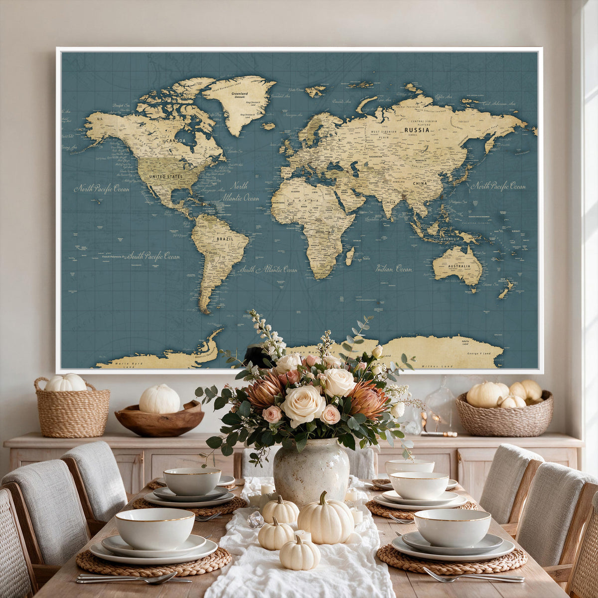 99599383-MGV-CV-36X24 - Minimal Vintage World Map Canvas Wall Art Print, Neutral