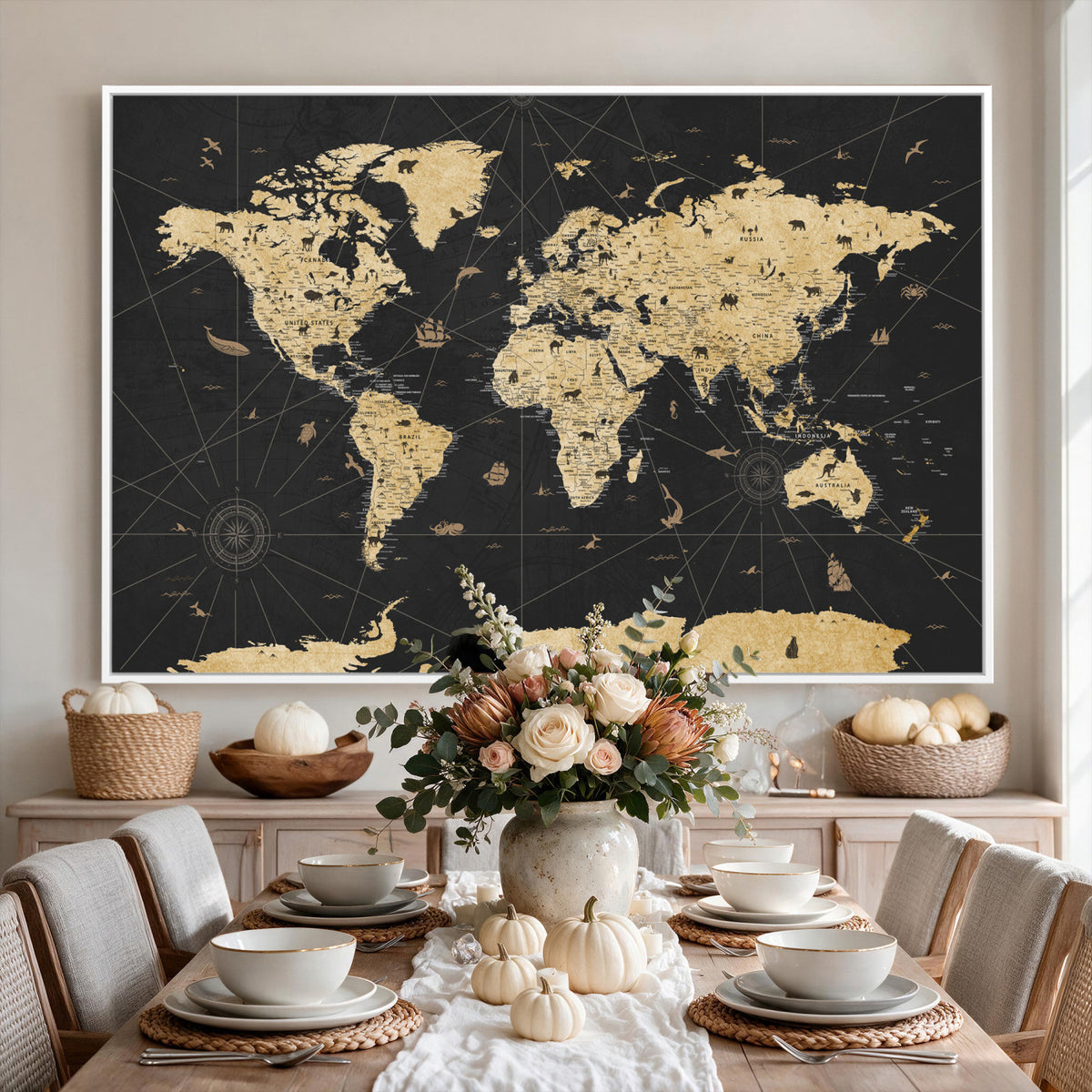 80270976-MGV-CV-36X24 - World Map Wall Art Canvas Print, Modern Decorative Framed Map Artwork Prints for Living Room, Office, Bedroom Wall Decor