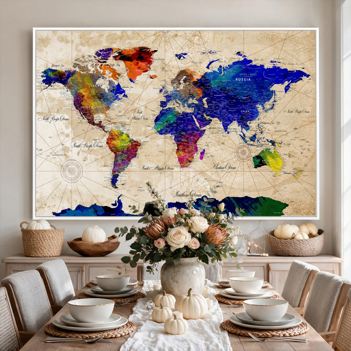 26284075-MGV-CV-36X24 - World Map Wall Art Canvas Print, Modern Decorative Framed Map Artwork Prints for Living Room, Office, Bedroom Wall Decor