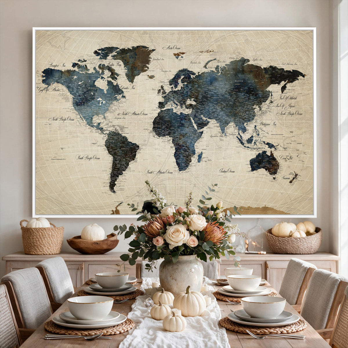 72927803-MGV-CV-36X24 - World Map Wall Art Canvas Print, Modern Decorative Framed Map Artwork Prints for Living Room, Office, Bedroom Wall Decor