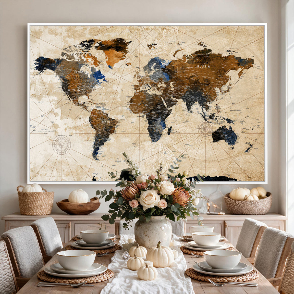 15727090-MGV-CV-36X24 - World Map Wall Art Canvas Print, Modern Decorative Framed Map Artwork Prints for Living Room, Office, Bedroom Wall Decor