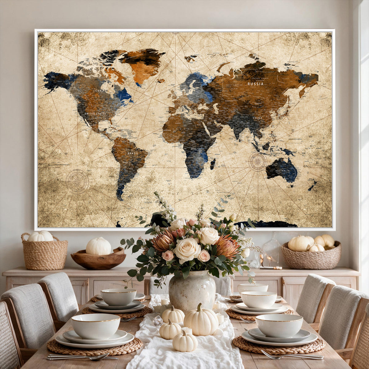 27163414-MGV-CV-36X24 - World Map Wall Art – Rustic Earth Tone Canvas Print, Antique