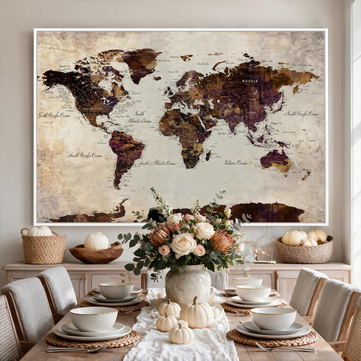 50611123-MGV-CV-36X24 - World Map Canvas Triptych | Colorful Global Wall Art for Living Rooms