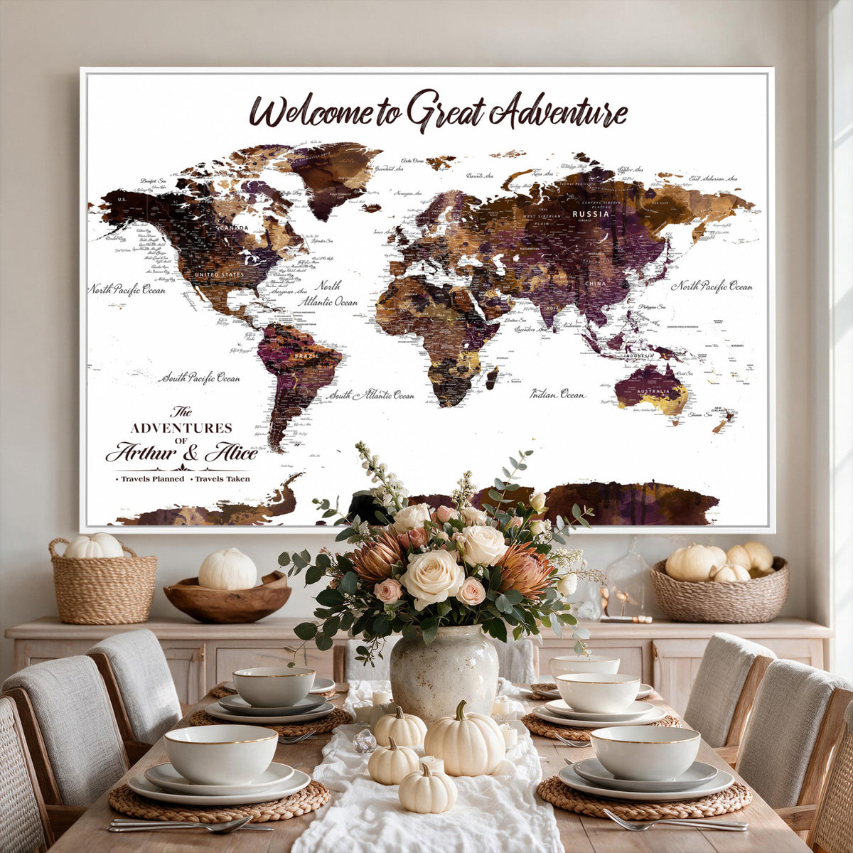 64110391125-MGV-CV-36X24 - Custom Push Pin World Map Wall Art Canvas Print | Personalized Travel Map