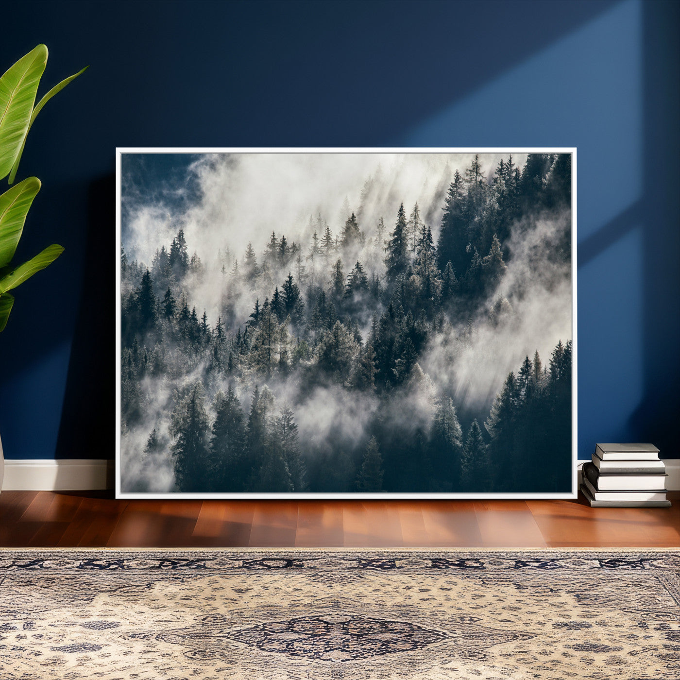 63405824-MGV-CV-36X24 - Foggy Mountain Forest Canvas Print, Misty Pine Trees Nature Wall Art, Framed Canvas Ready to Hang