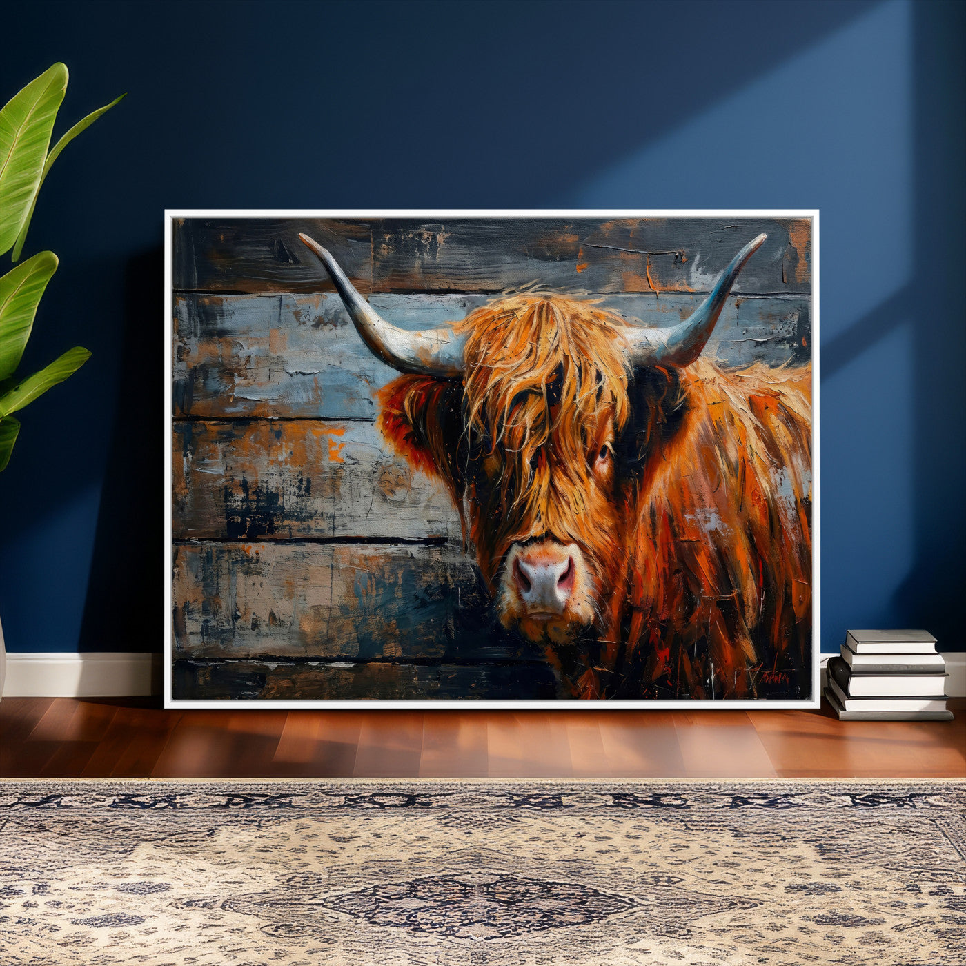 90271423-MGV-CV-36X24 - Highland Cow Wall Art Canvas Print, Abstract Rustic Farm Animal Wall Art Print, Framed Wall Art Ready to Hang