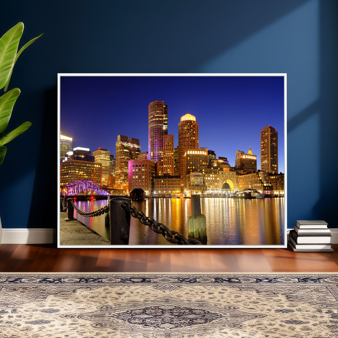 56611117-MGV-CV-36X24 - Boston Wall Art Canvas Print, Boston City Downtown Night Cityscape Print for Modern Urban Wall Decor