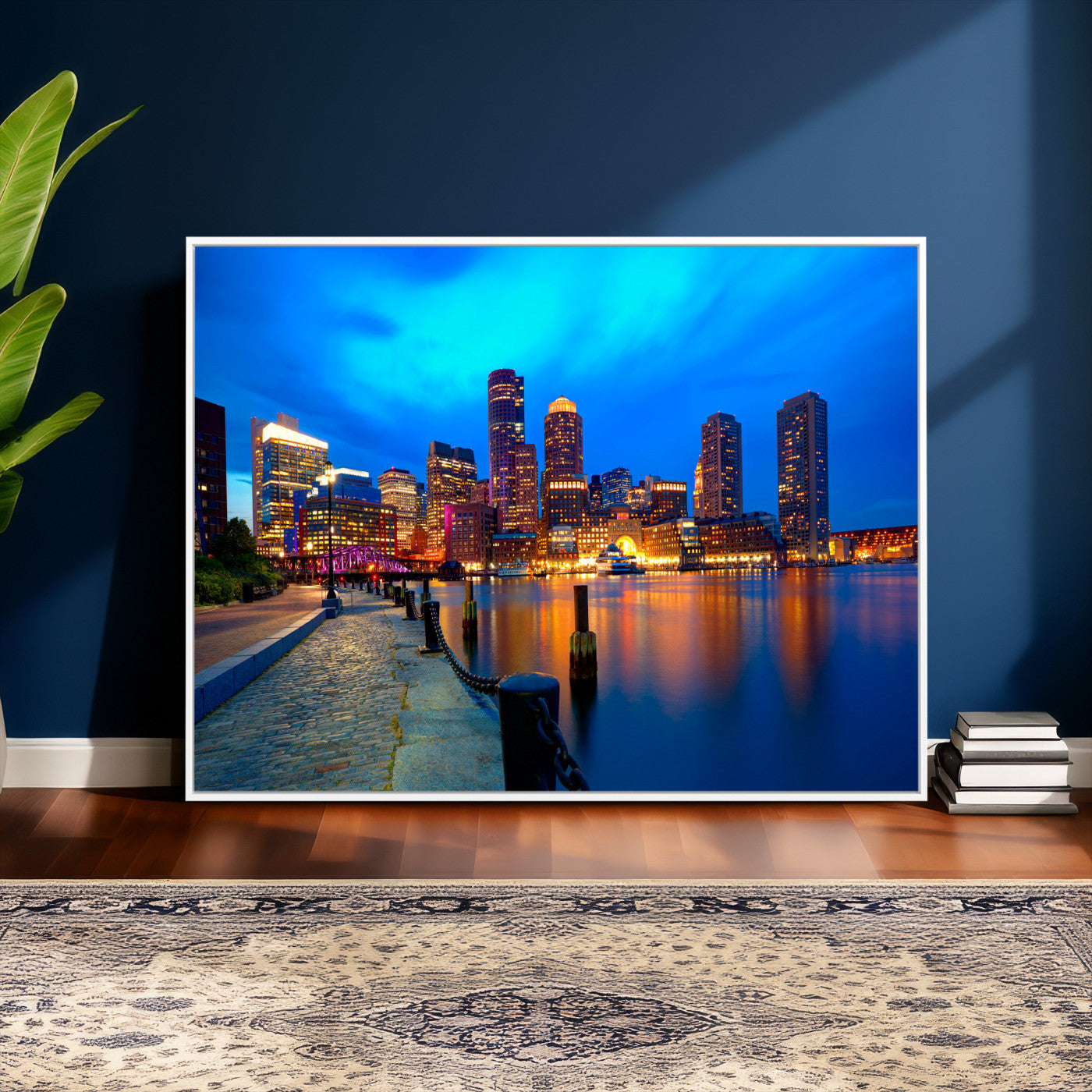 69619565-MGV-CV-36X24 - Boston Wall Art Canvas Print, Boston City Downtown Night Cityscape Print for Modern Urban Wall Decor