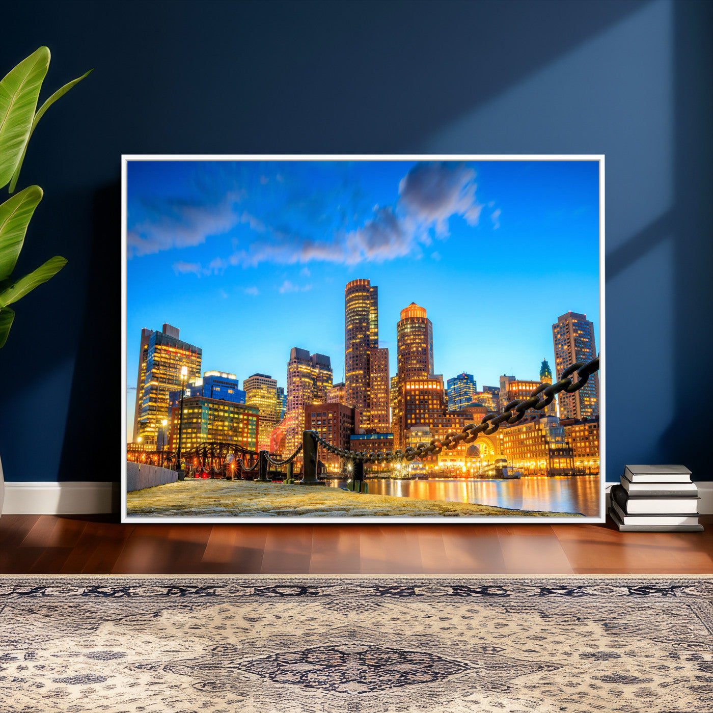46736409-MGV-CV-36X24 - Boston Wall Art Canvas Print, Boston City Downtown Night Cityscape Print for Modern Urban Wall Decor