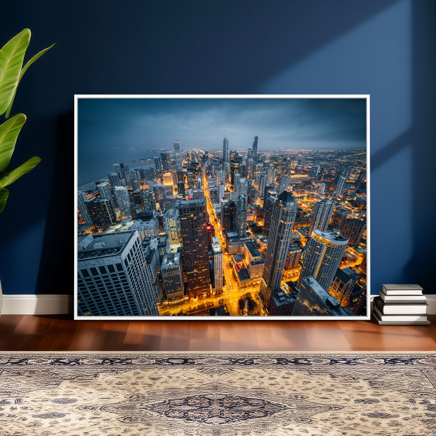 81742538-MGV-CV-36X24 - Chicago Wall Art Canvas Print, Chicago City Downtown Night Cityscape Print for Modern Urban Wall Decor