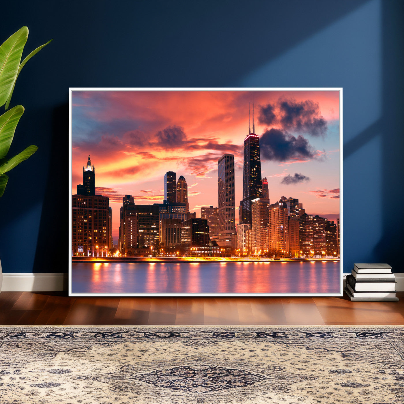 80390109-MGV-CV-36X24 - Chicago Wall Art Canvas Print, Chicago City Downtown Night Cityscape Print for Modern Urban Wall Decor
