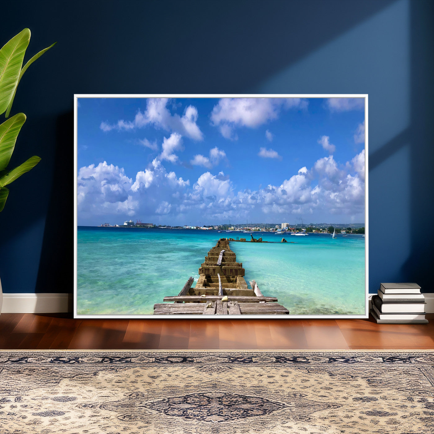 43165024-MGV-CV-36X24 - Caribbean Ocean Pier Seascape Wall Art Canvas Print, Turquoise Sea Tropical Harbor Canvas Print, Island Coastal Blue Water Scenic Art Printing