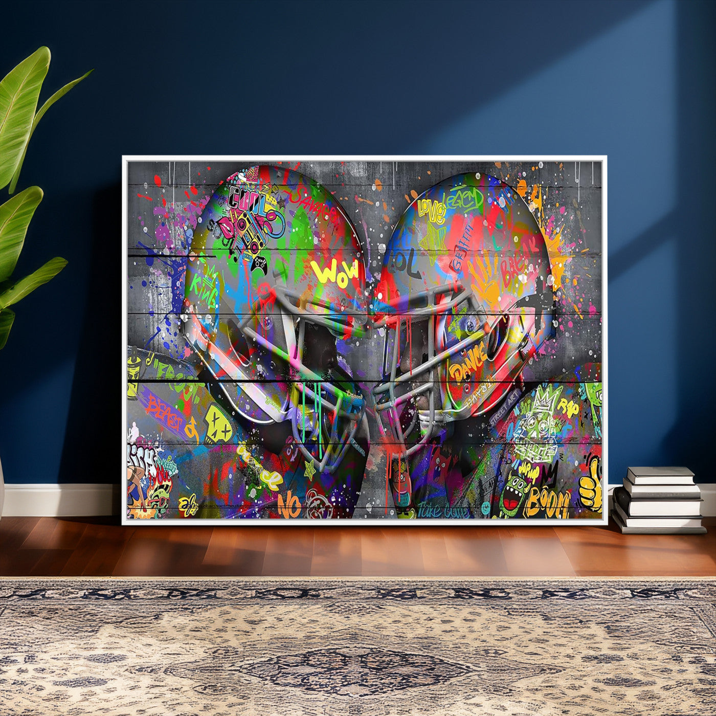 15309853-MGV-CV-36X24 - Graffiti Football Helmets Wall Art Canvas Print, Urban Street Art Sports Decor, Colorful American Football Graffiti Artwork