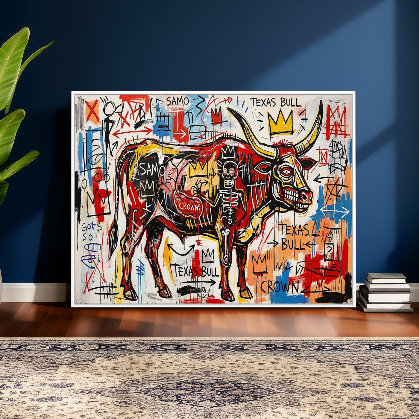 89504579-MGV-CV-36X24 - TITLE: Texas Bull Wall Art Canvas Print, Abstract Graffiti Bull Painting, Western Animal Art, Modern Ranch Decor