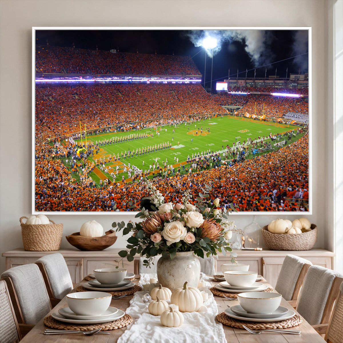 43662631-MGV-CV-36X24 - Clemson Football Stadium Wall Art Canvas Print, College Football Crowd Night Game Scene, Orange Stadium Panorama Wall Decor