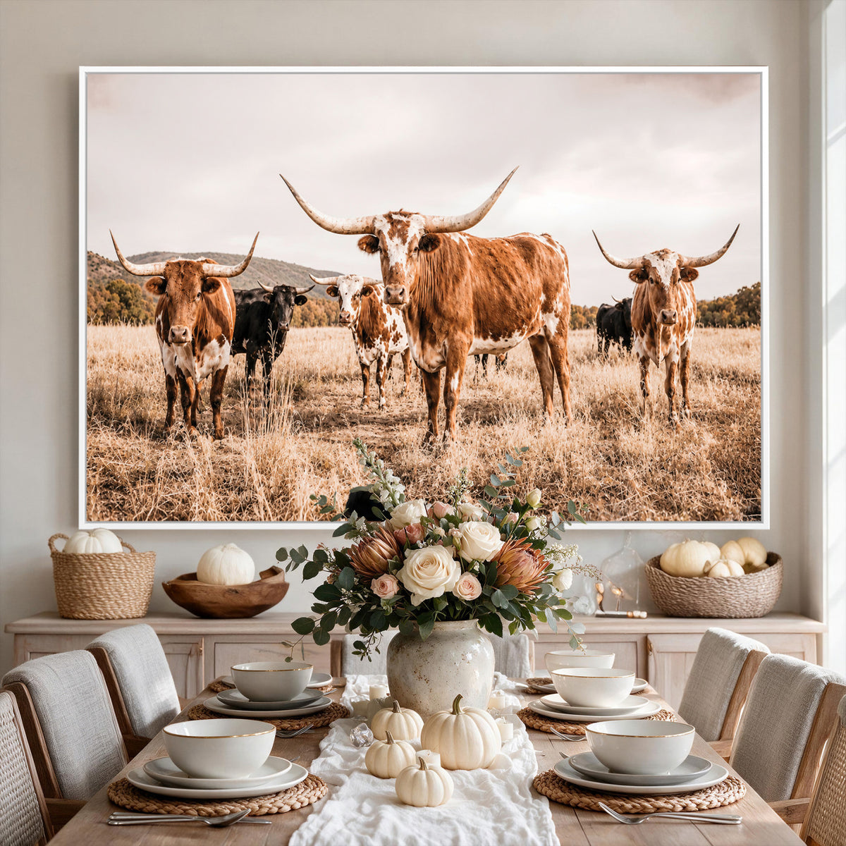 27539727-MGV-CV-36X24 - Texas Longhorn Cattle Wall Art Canvas Print, Sepia Western Decor