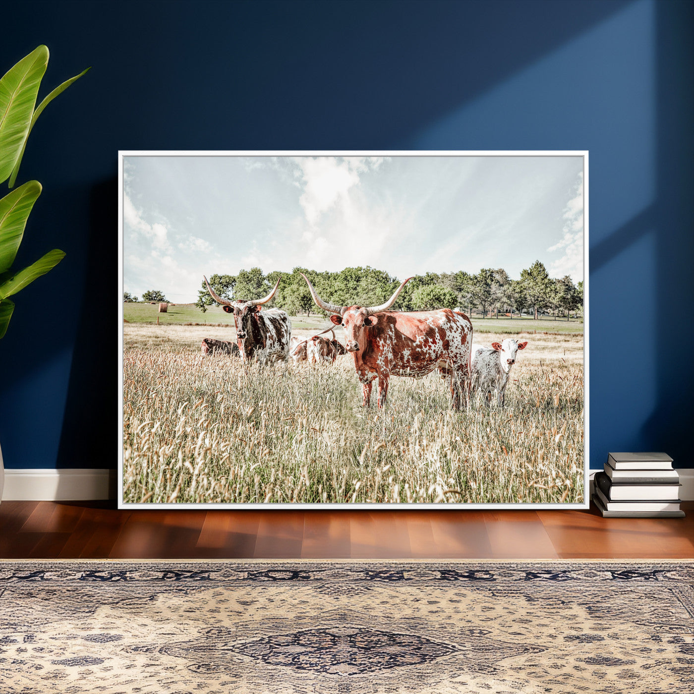 21823552-MGV-CV-36X24 - Texas Longhorn Cattle Wall Art Canvas Print, Rustic Ranch Landscape Artwork, Western Farm Field Scene, Country Prairie Animal Canvas Wall Art