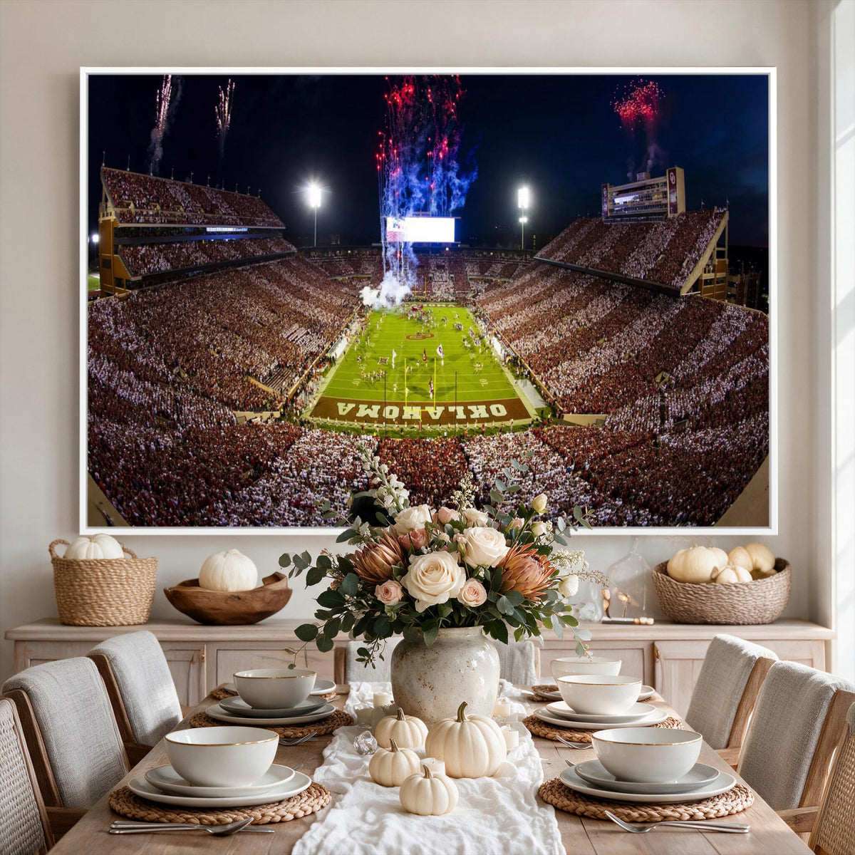 43197777-MGV-CV-36X24 - Oklahoma Memorial Stadium Wall Art Canvas Print – Oklahoma Sooners Football Artwork for Home, Office, and Sports Room Decor