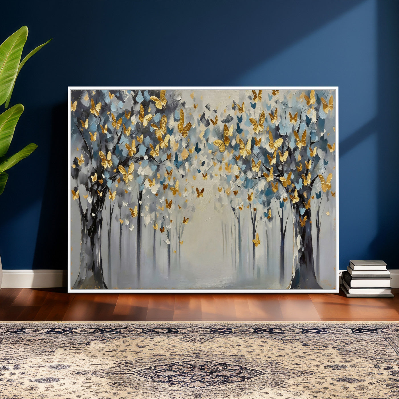 79208191-MGV-CV-36X24 - Golden Butterfly Tree Abstract Wall Art Canvas Print, Modern Elegant Nature Painting Canvas Print, Blue Gold Contemporary Floral Art Printing