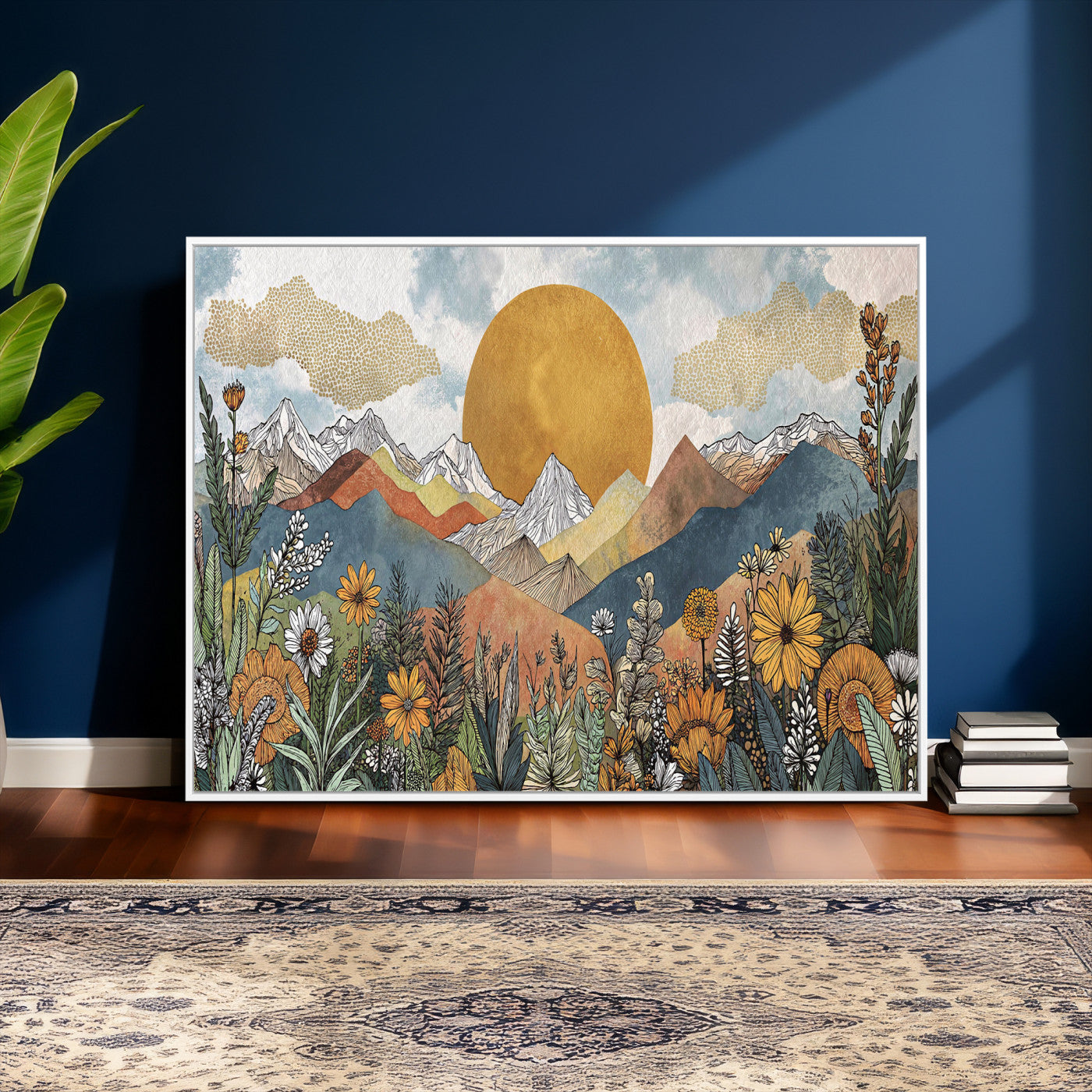 17540863-MGV-CV-36X24 - Boho Mountain Landscape Large Wall Art, Horizontal Gold Framed Canvas Print with Sun and Flowers